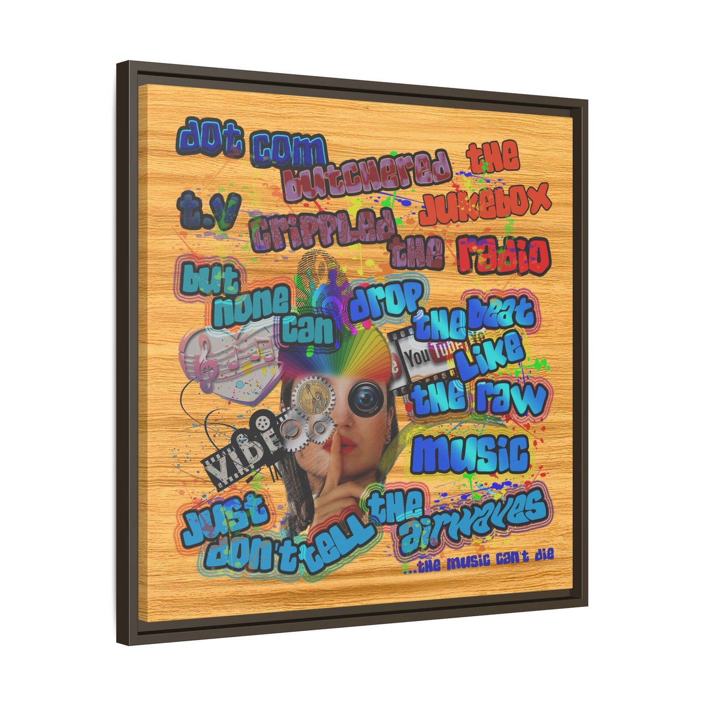 drop the beat - framed canvas art (butterscotch wood finish)
