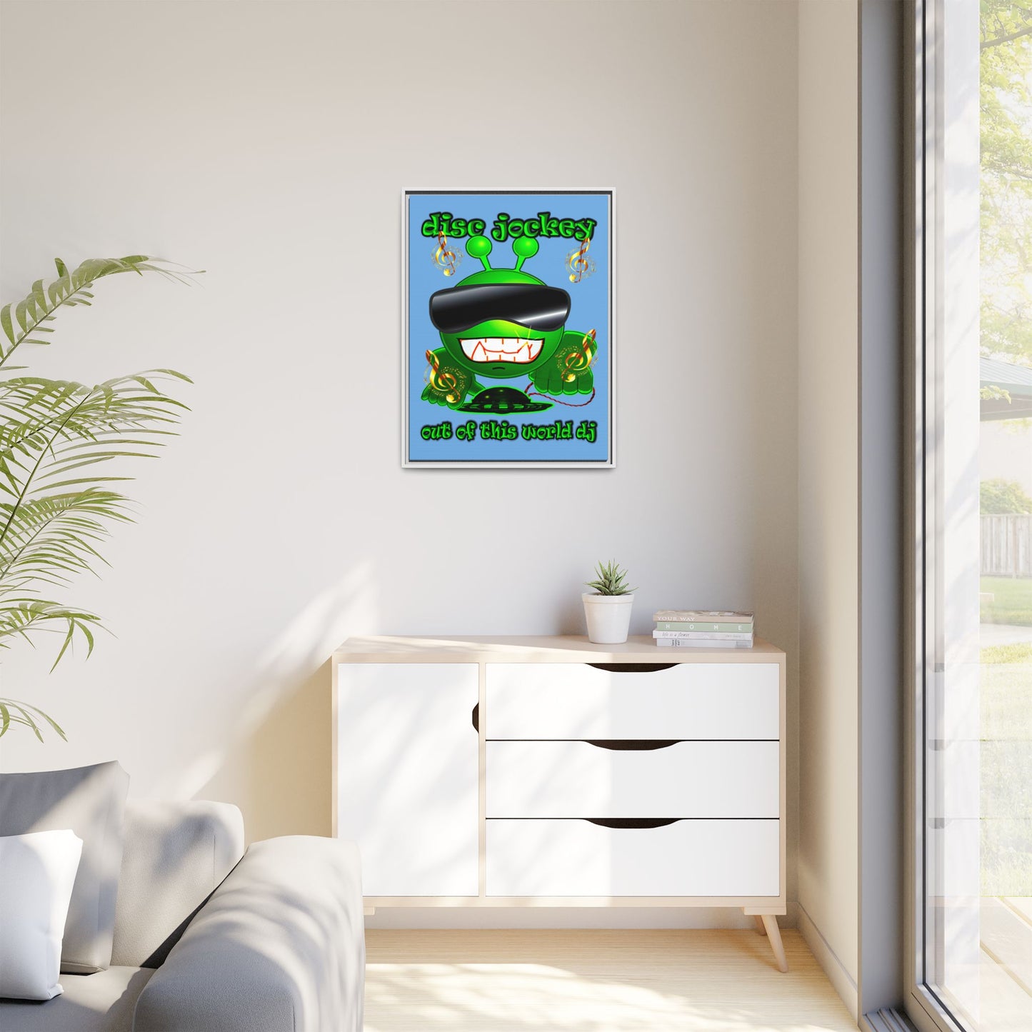 disc jockey - framed canvas art (light blue)