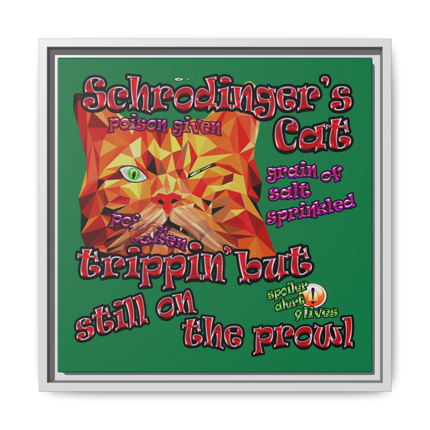schrodinger's cat - framed canvas art (dark green)