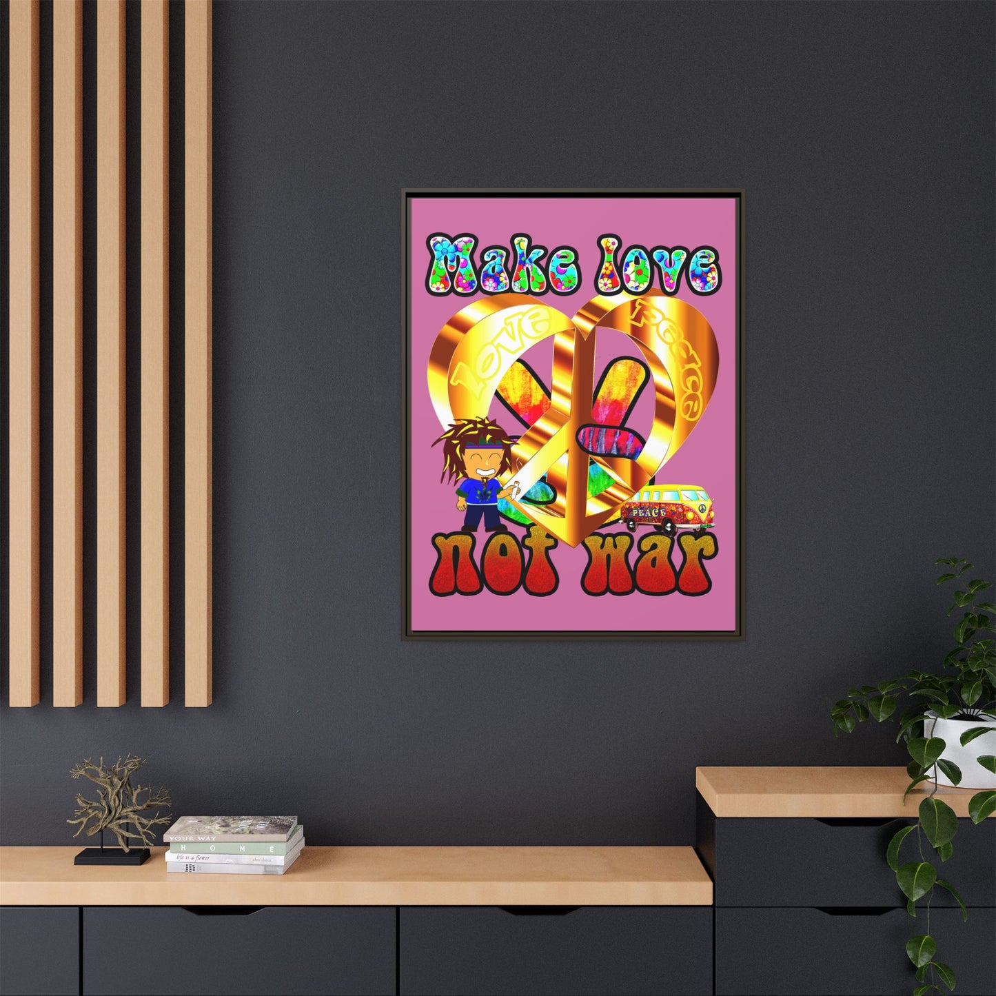 love peace - framed canvas art (light pink)