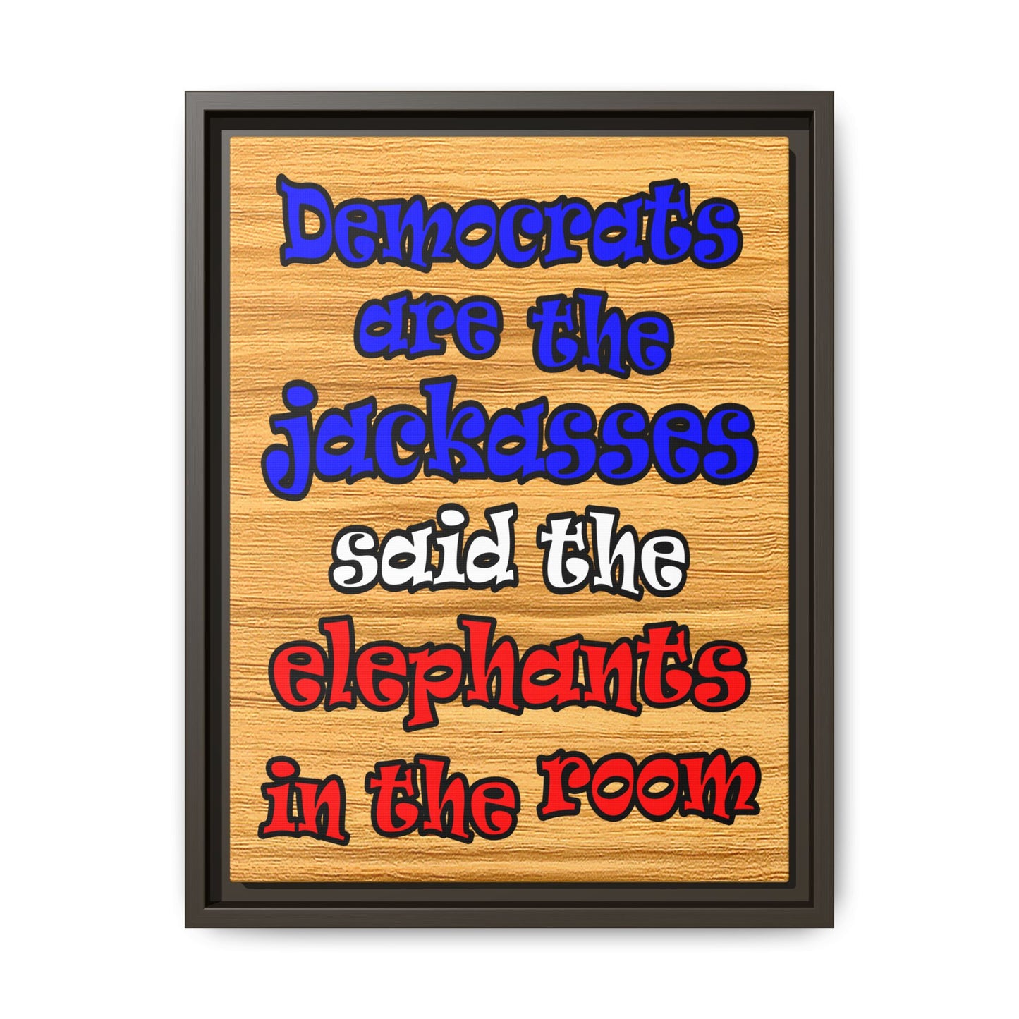 donkeys and elephants - framed canvas art (butterscotch wood finish)