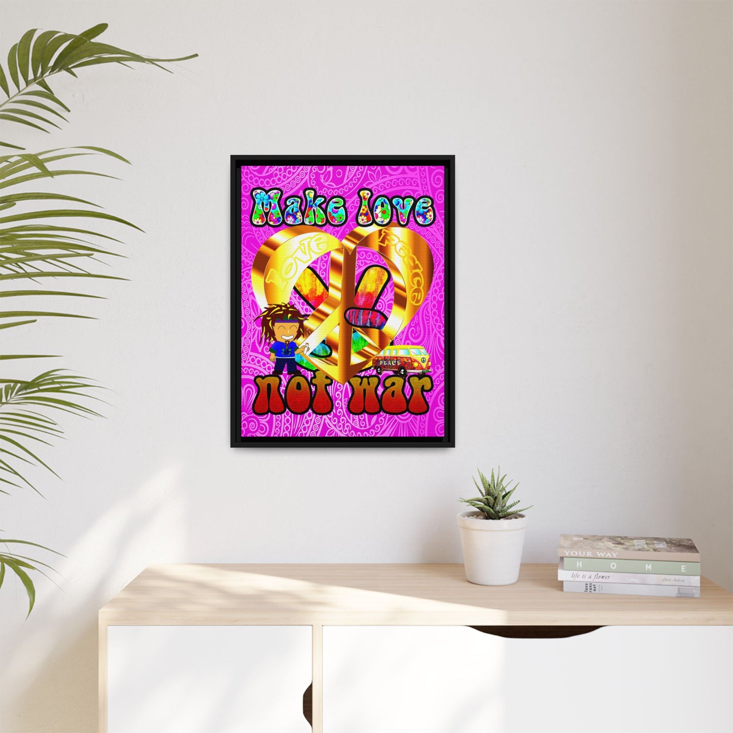 love peace - framed canvas art (pink swirl)