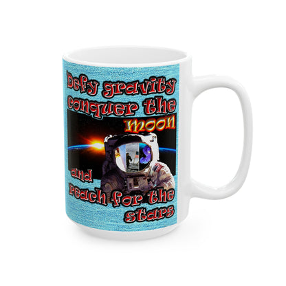defy conquer reach - White Mug (faded blue)