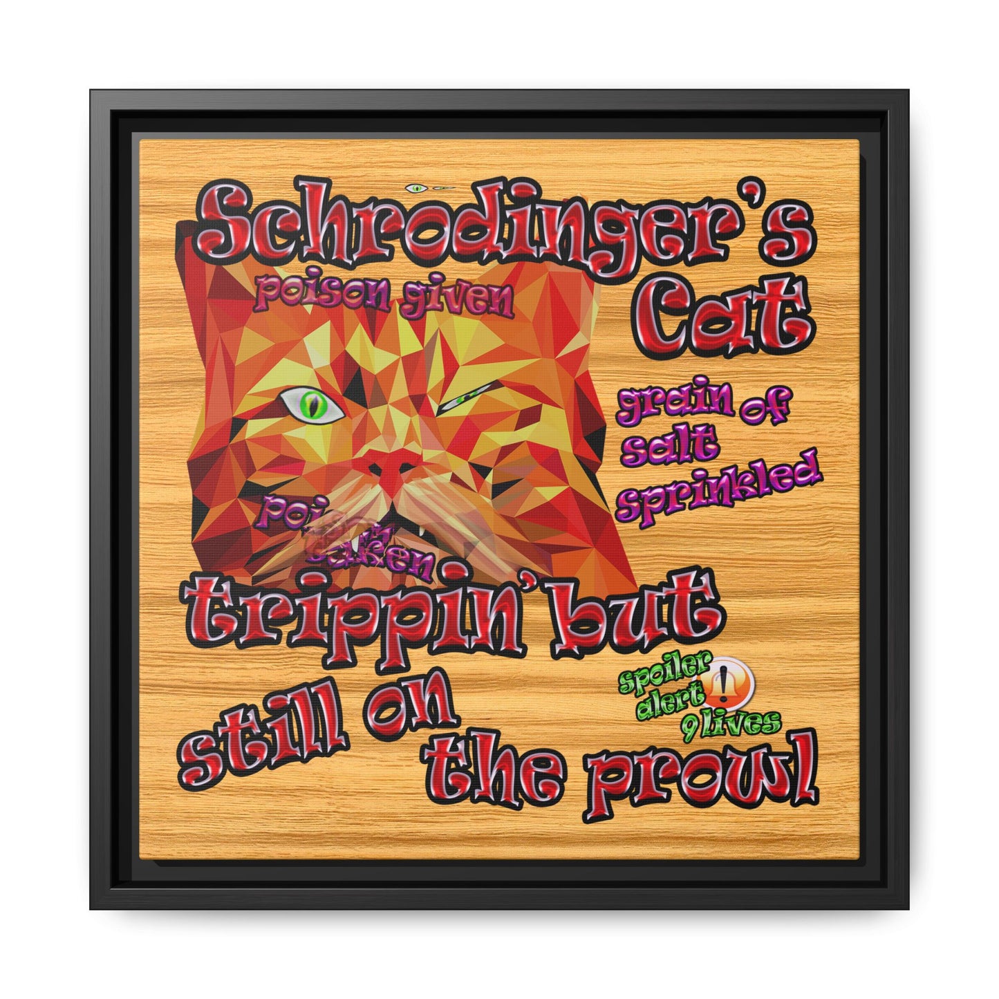 schrodinger's cat - framed canvas art (butterscotch wood finish)