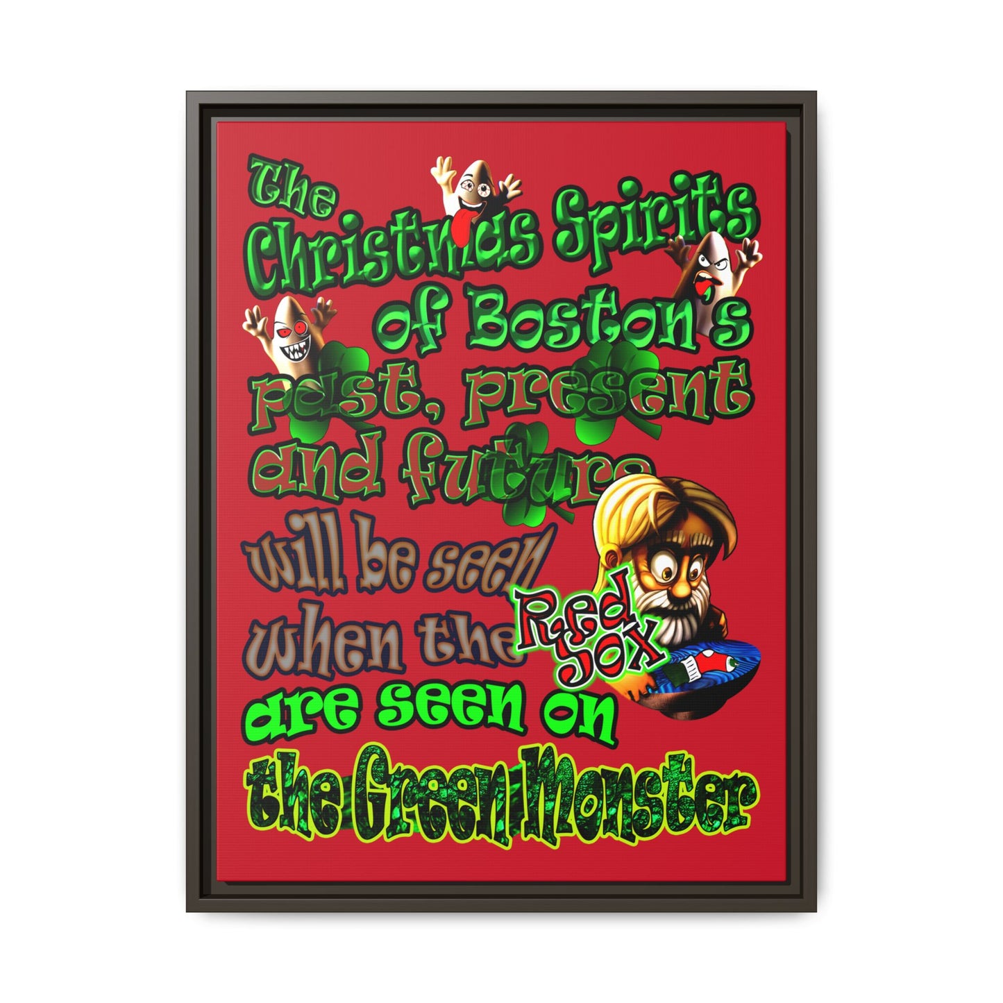 christmas spirits of boston - framed canvas art (dark red)