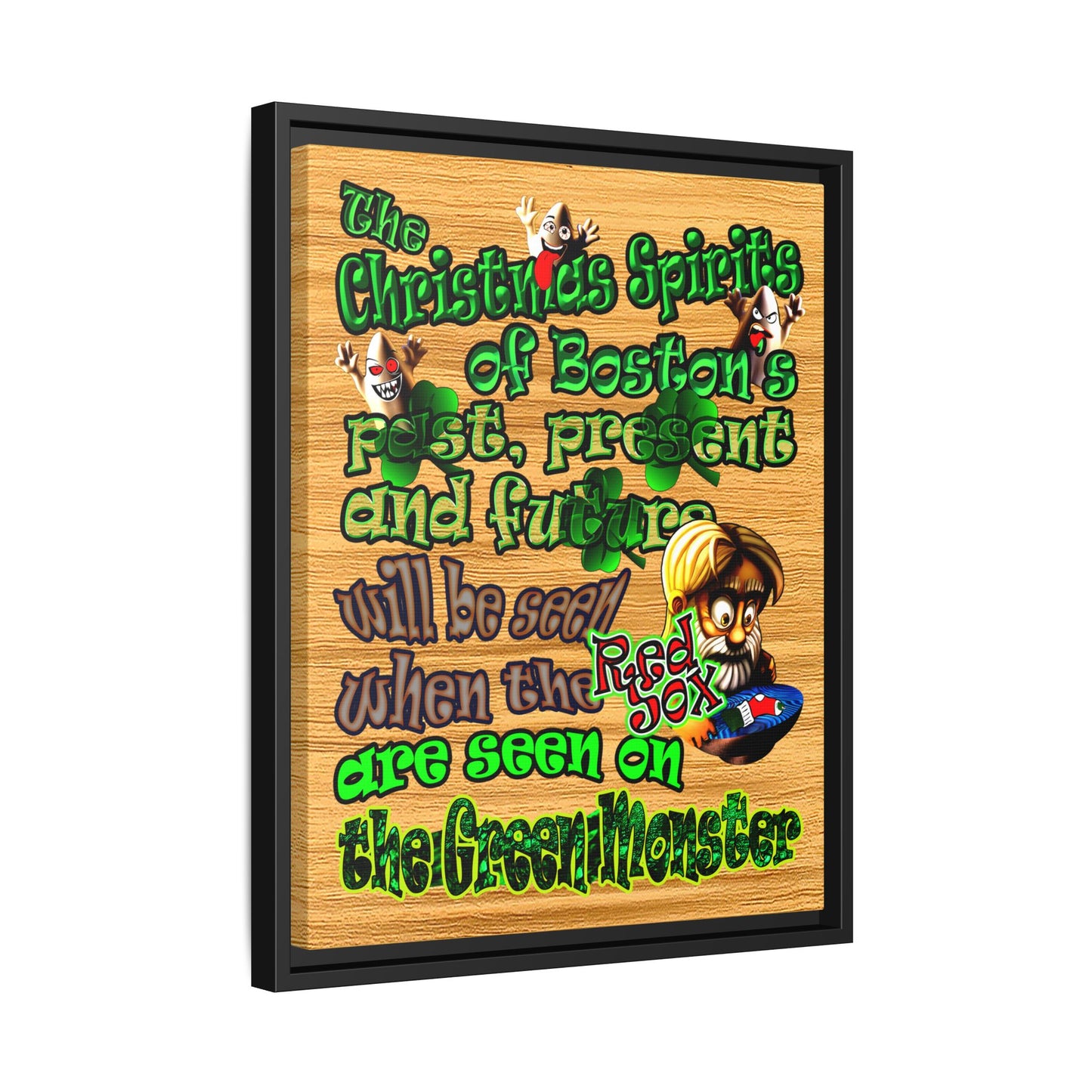 christmas spirits of boston - framed canvas art (butterscotch wood finish)
