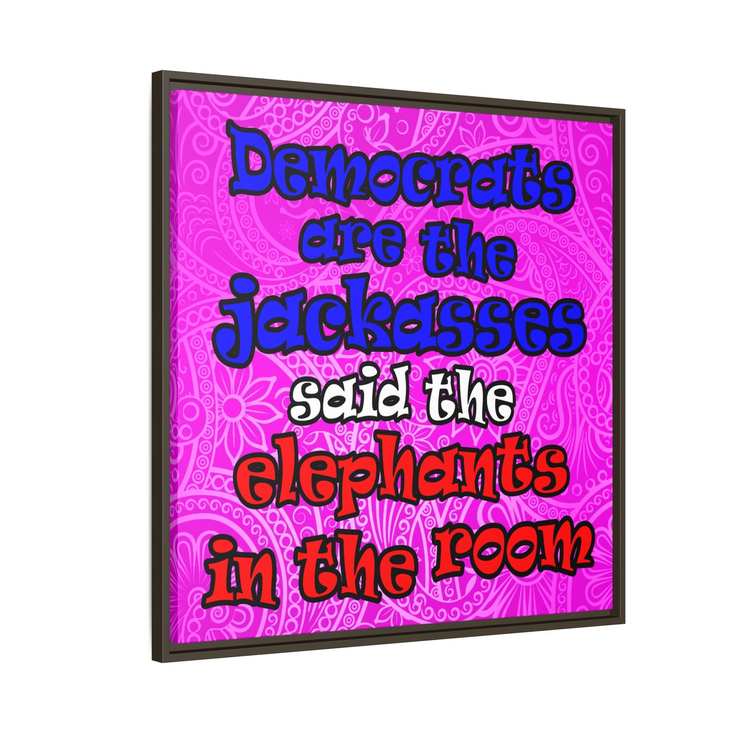 donkeys and elephants - framed canvas art (pink swirl)