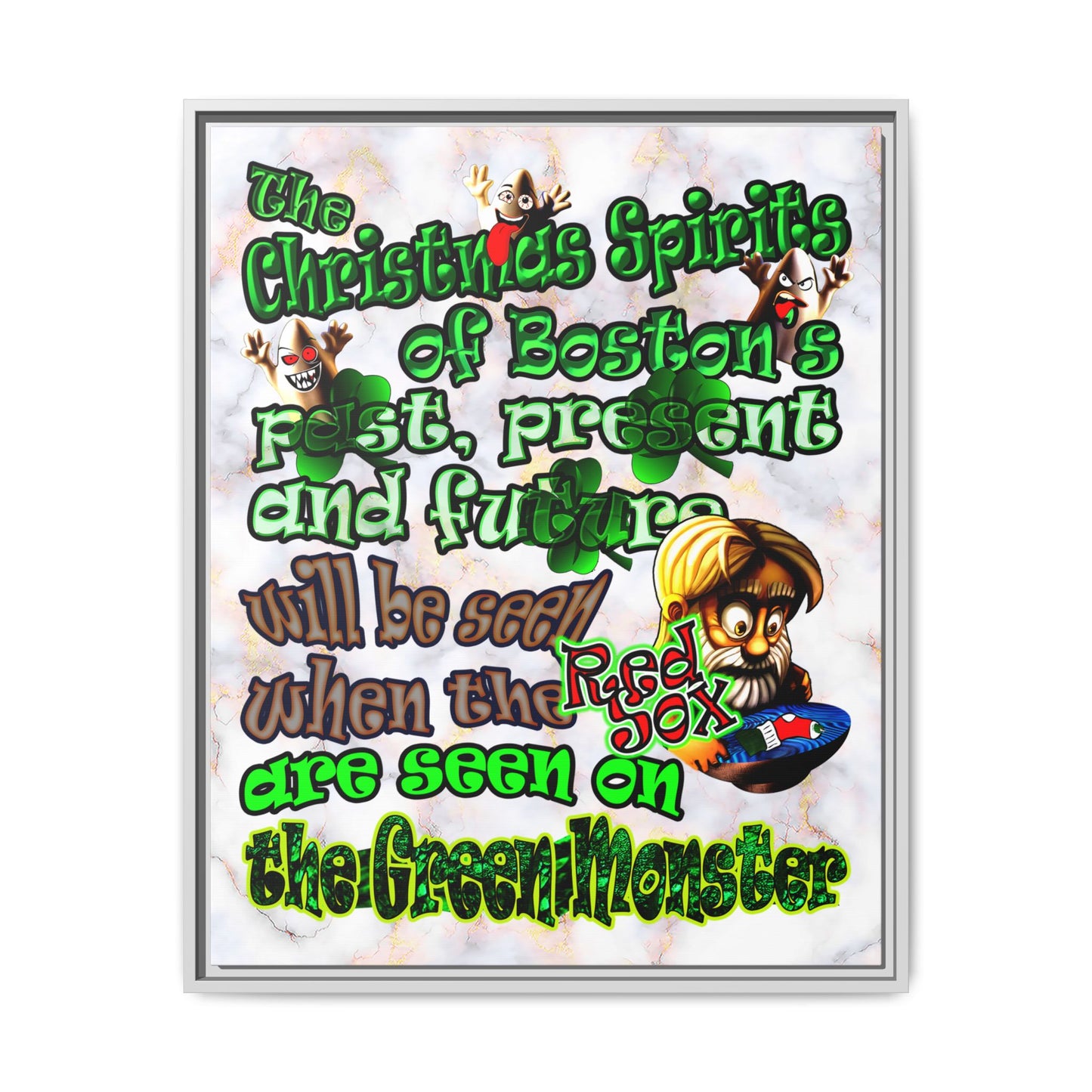 christmas spirits of boston - framed canvas art (white marble)
