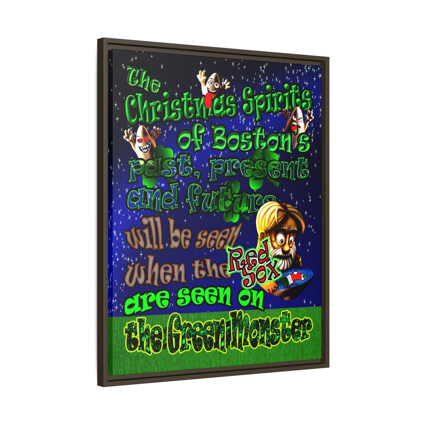 christmas spirits of boston - framed canvas art ('snoops' background)