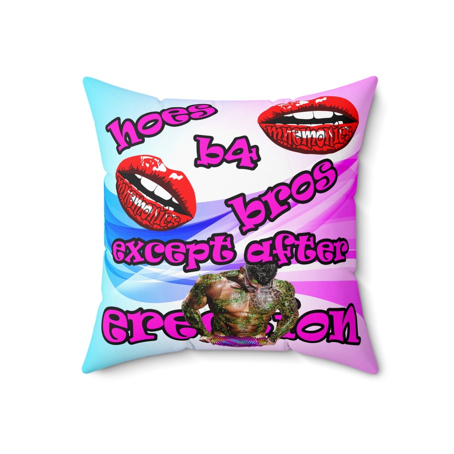 hoes b4 bros - Spun Polyester Square Pillow - (light blue-pink wave)