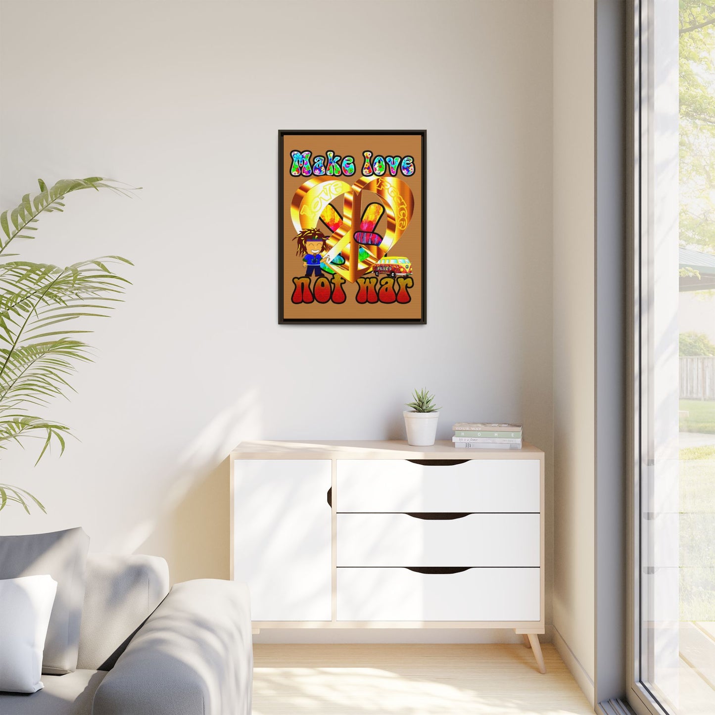 love peace - framed canvas art (light brown)