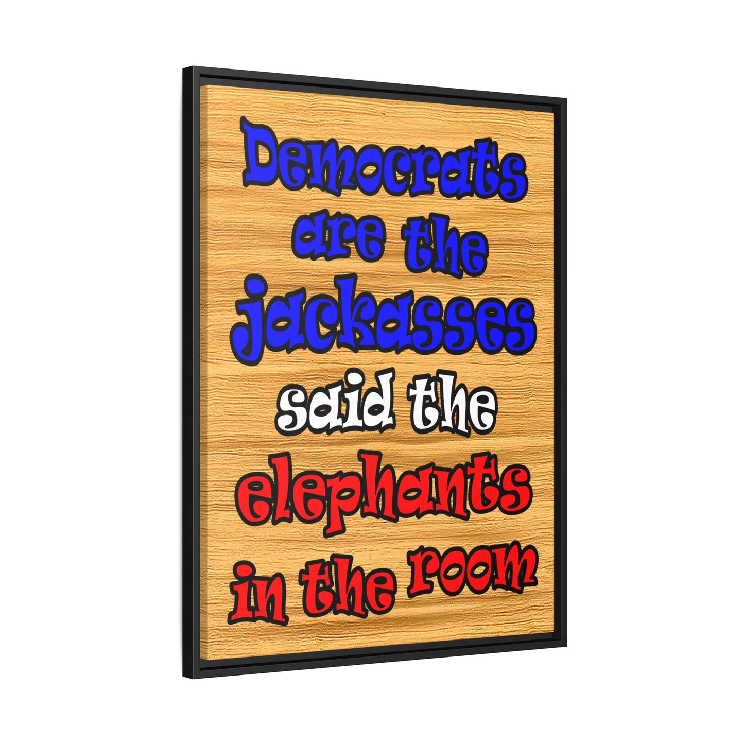 donkeys and elephants - framed canvas art (butterscotch wood finish)