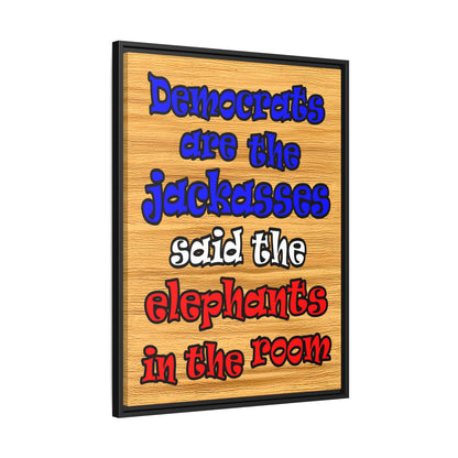 donkeys and elephants - framed canvas art (butterscotch wood finish)