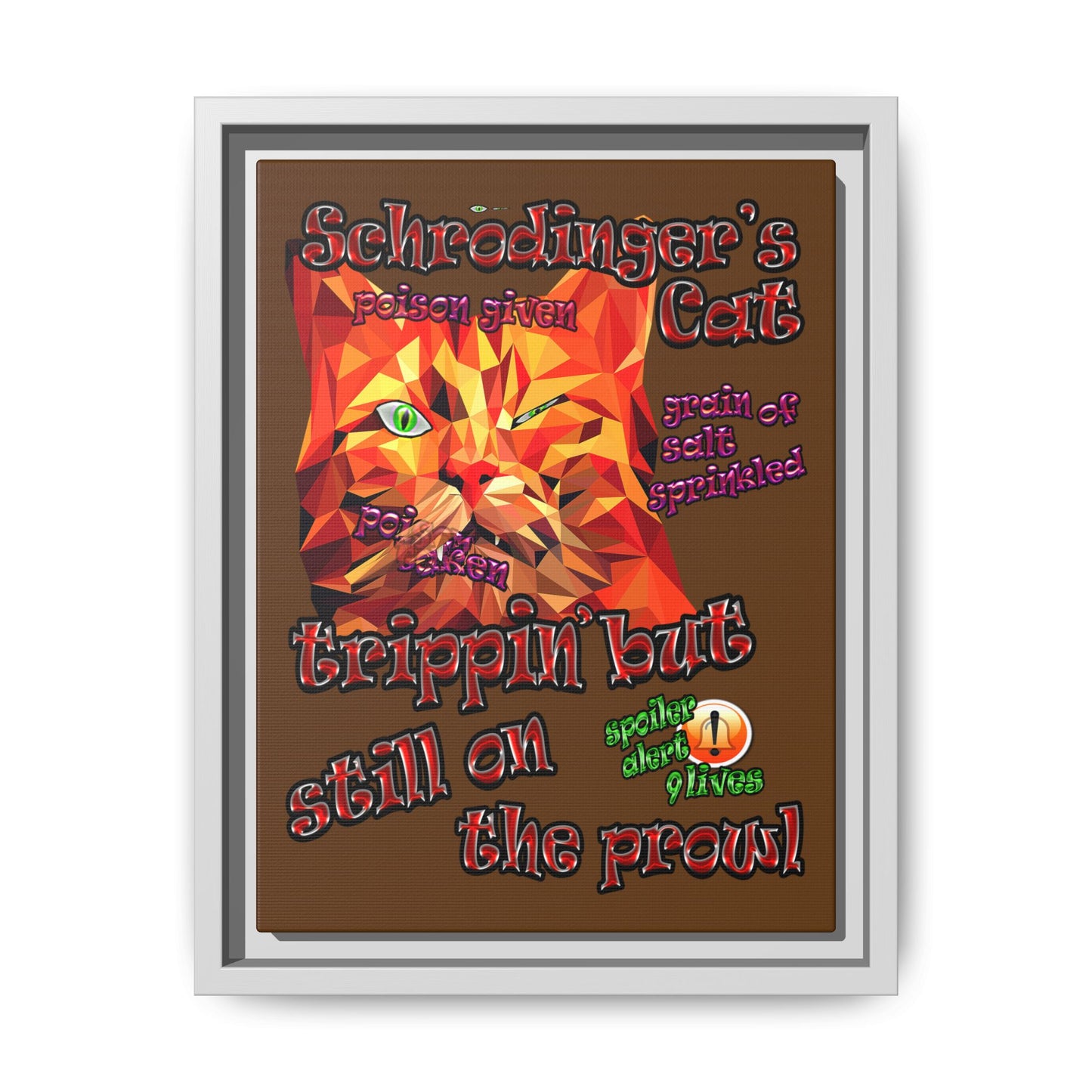 schrodinger's cat - framed canvas art (brown)