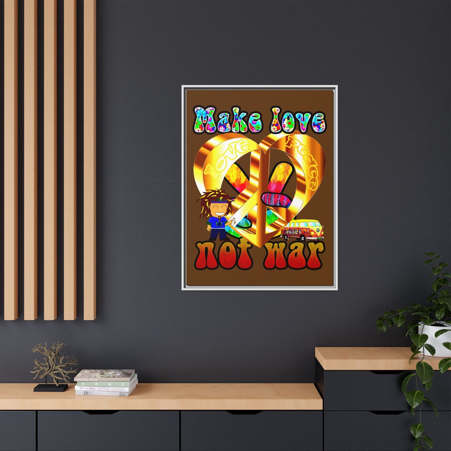 love peace - framed canvas art (brown)