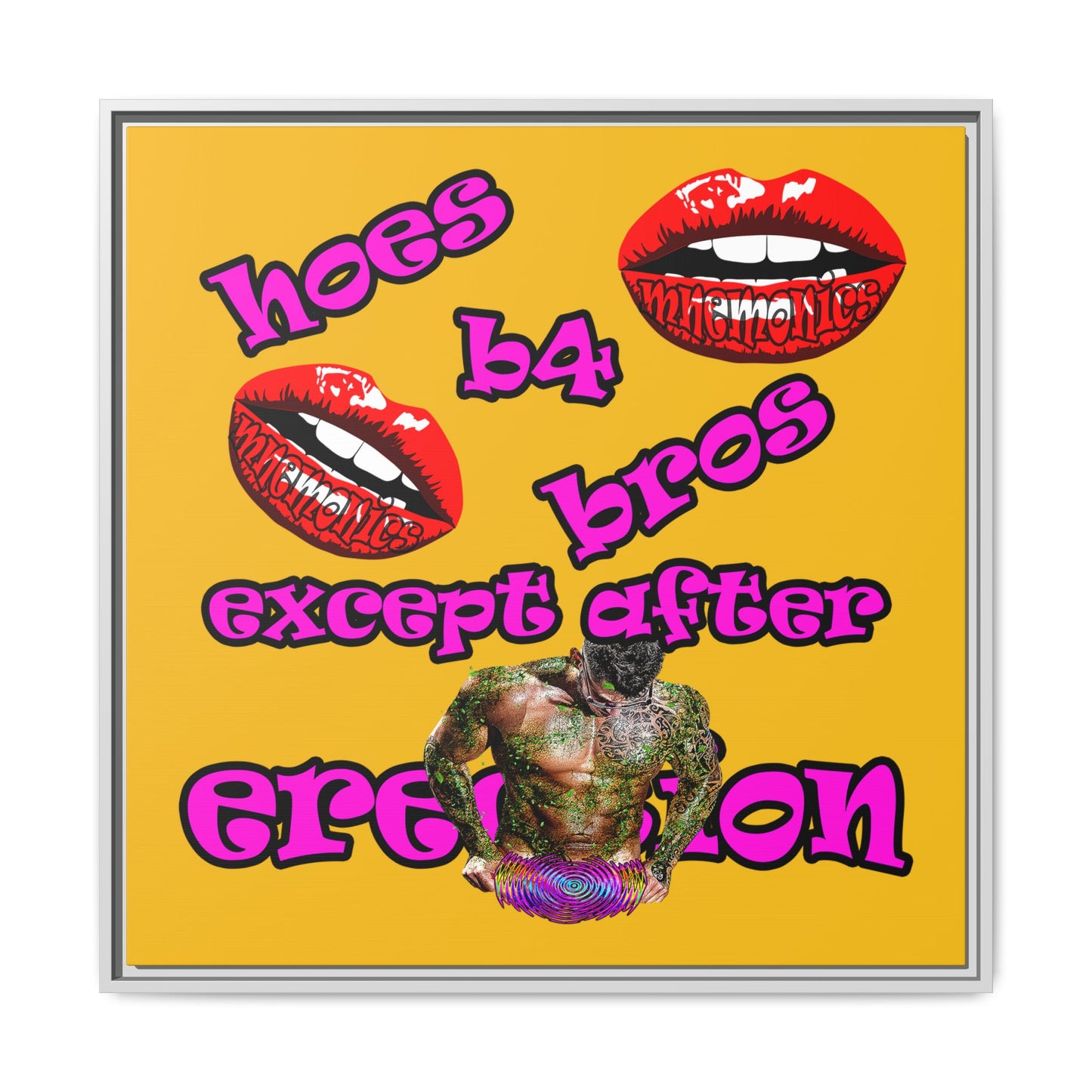 hoes b4 bros - framed canvas art (yellow)