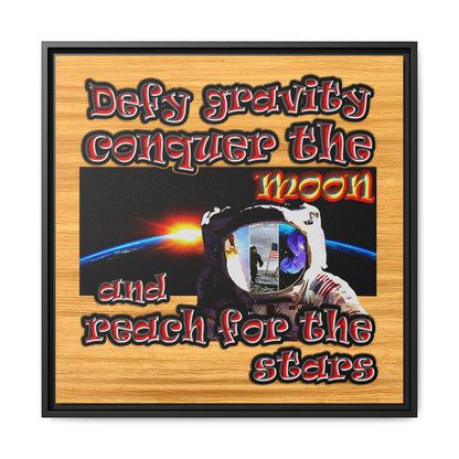 defy conquer reach - framed canvas art (butterscotch wood finish)