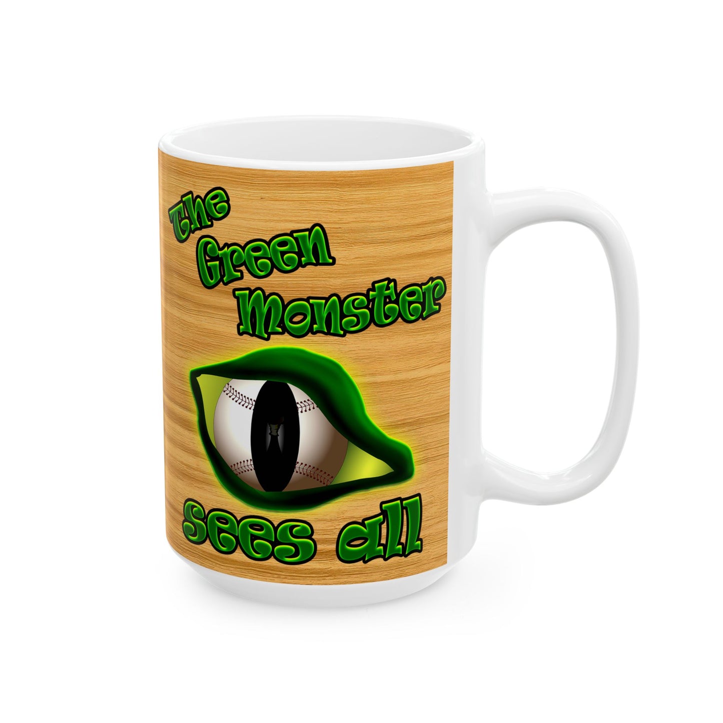 green monster - White Mug (butterscotch wood finish)