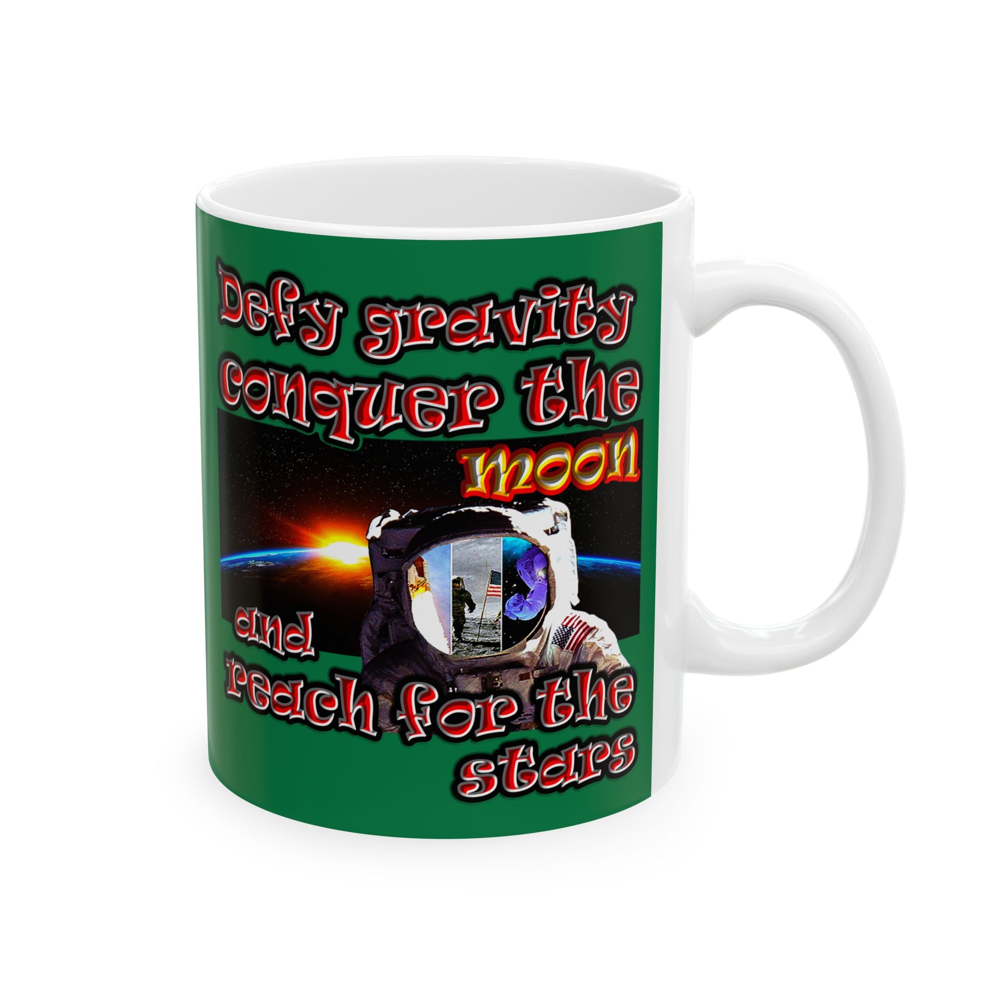 defy conquer reach - White Mug (dark green)