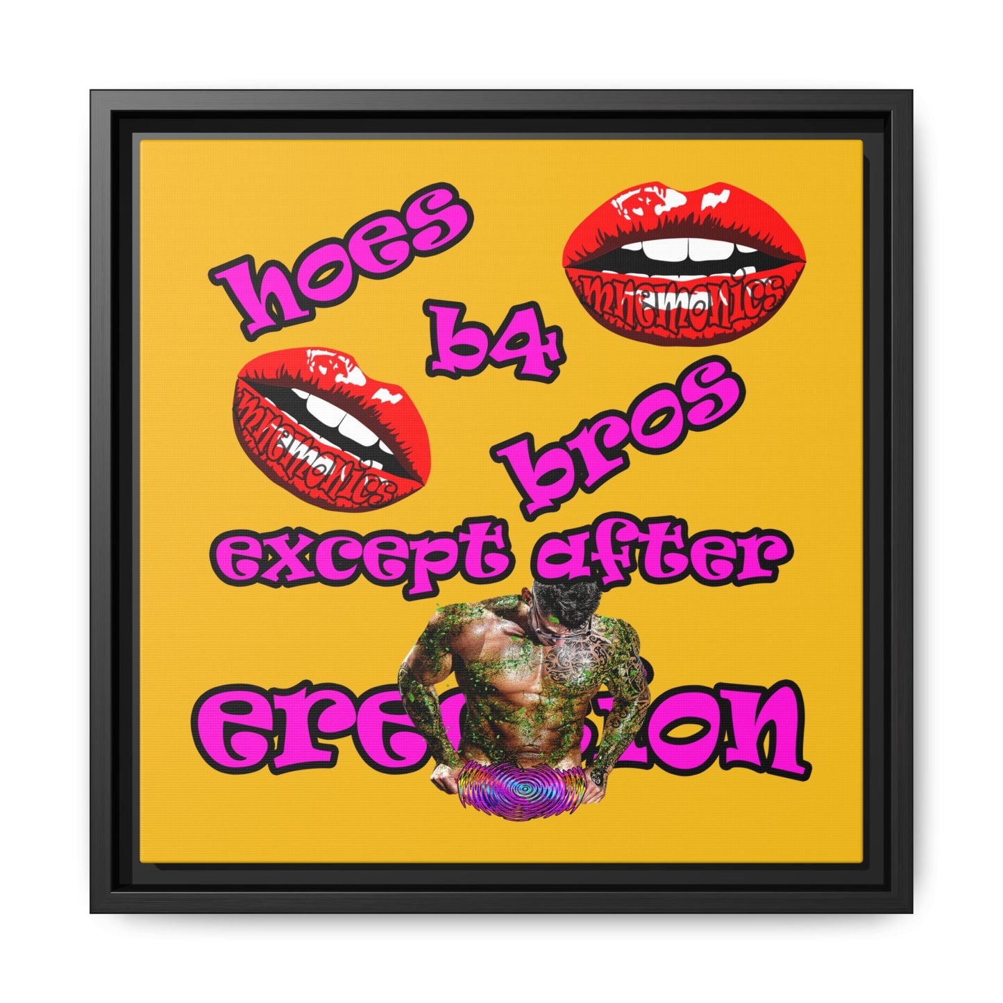 hoes b4 bros - framed canvas art (yellow)