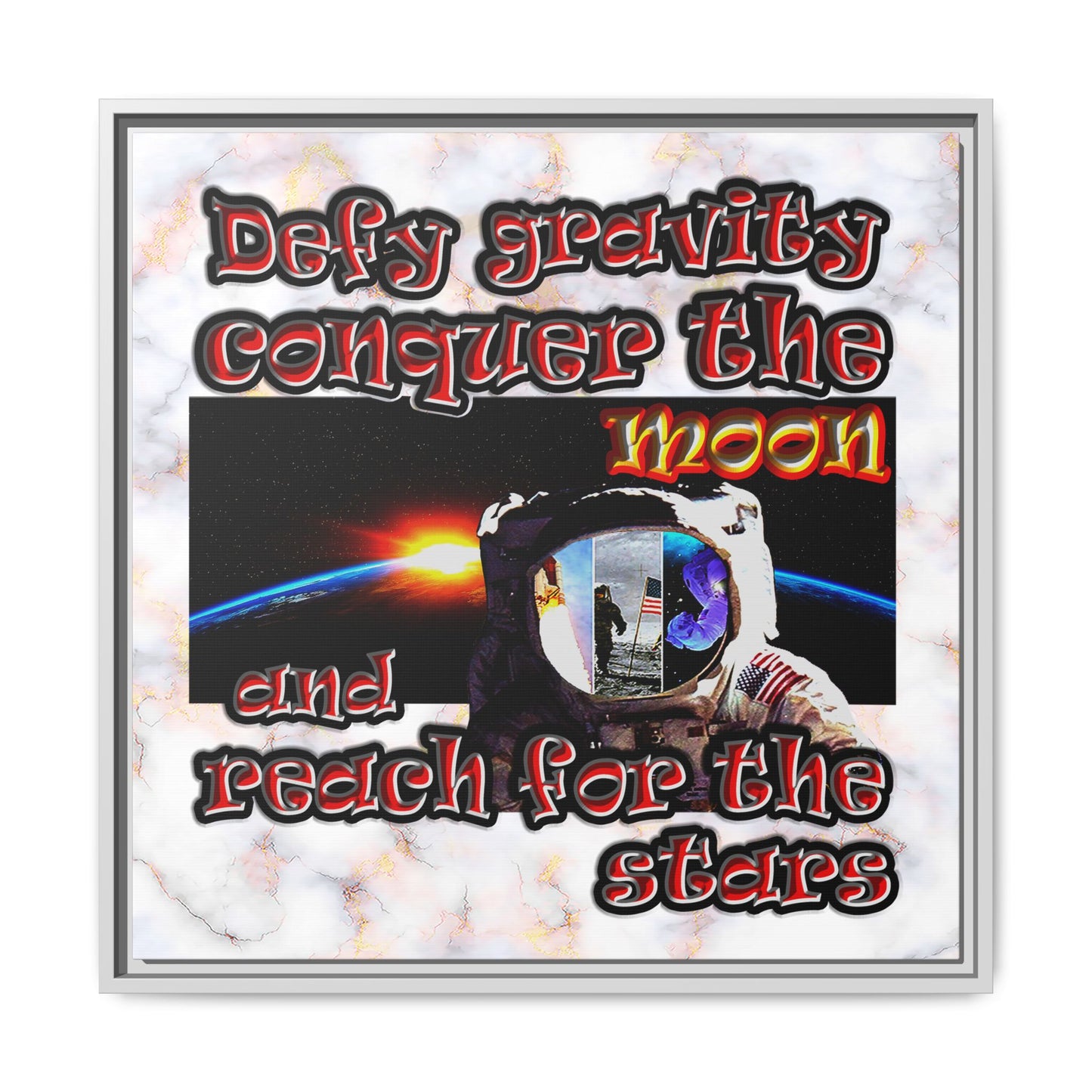defy conquer reach - framed canvas art (white marble)