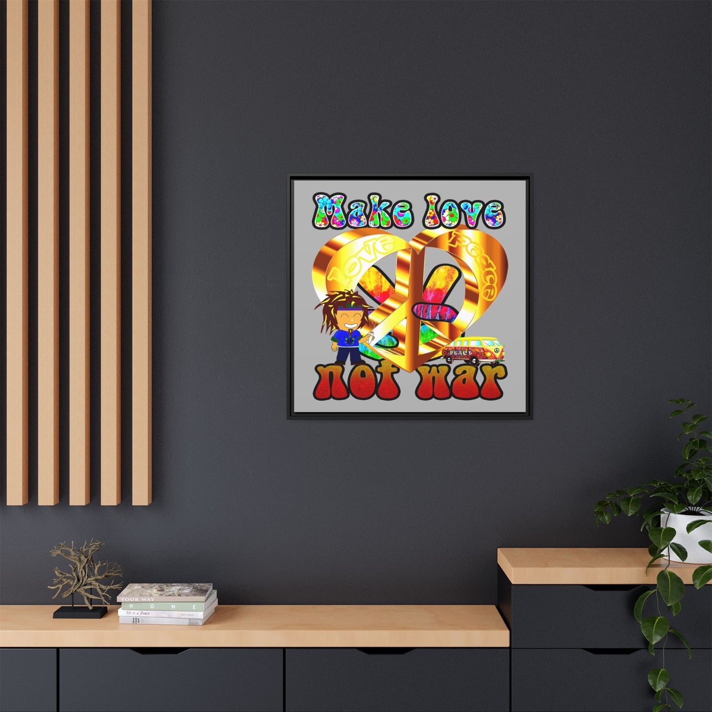 love peace - framed canvas art (light grey)