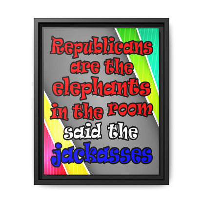 donkeys and elephants - framed canvas art (rainbow split)