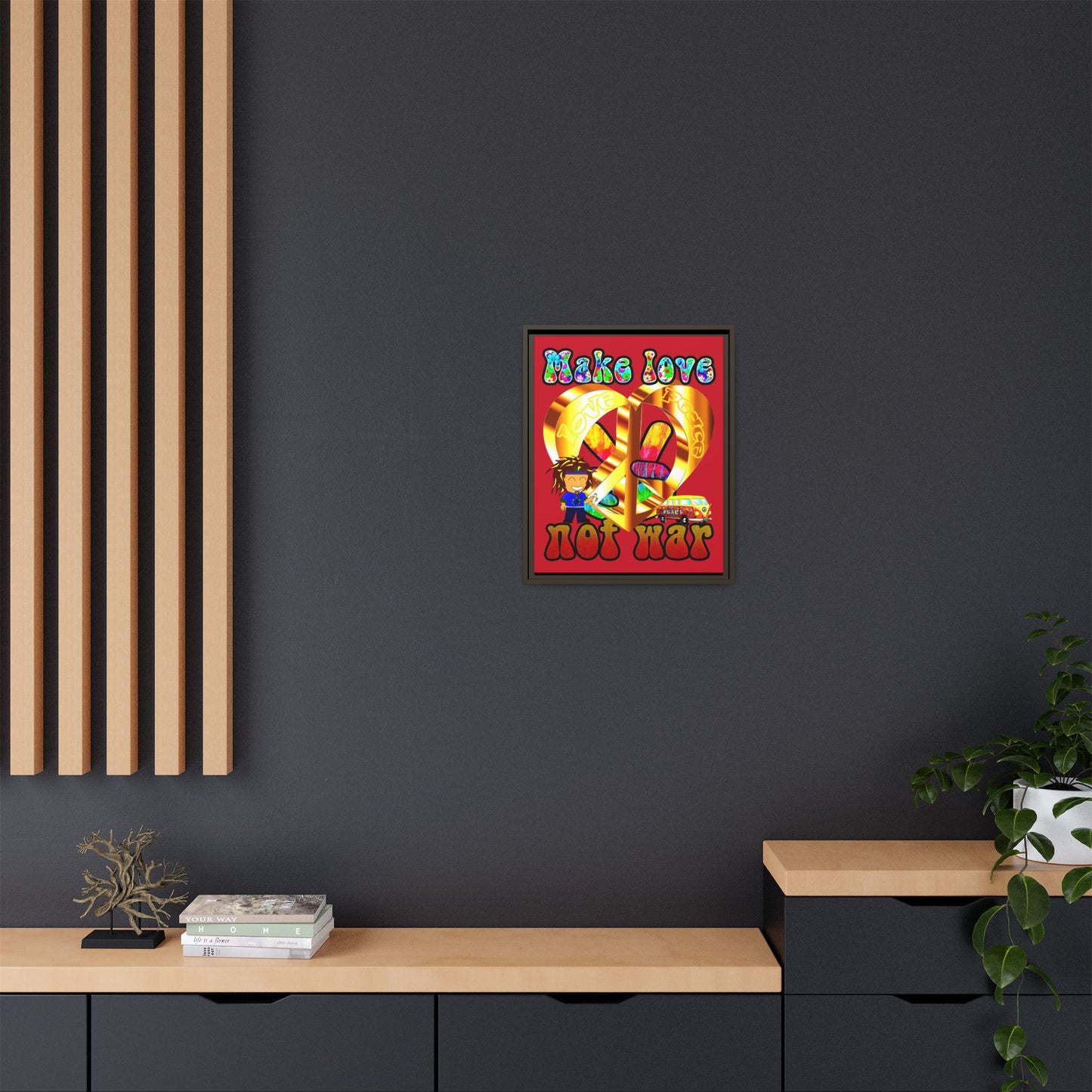 love peace - framed canvas art (dark red)