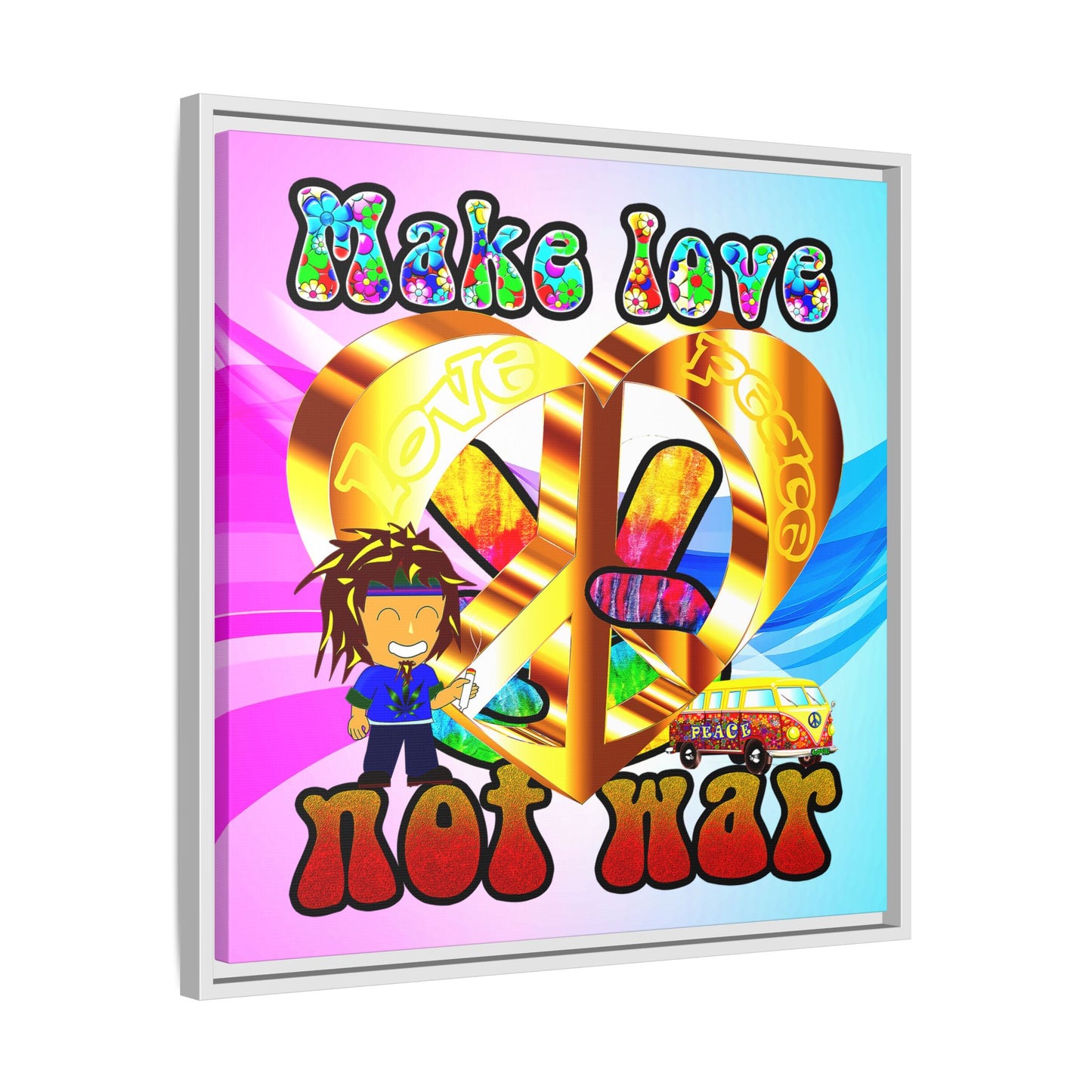love peace - framed canvas art (light blue-pink wave)