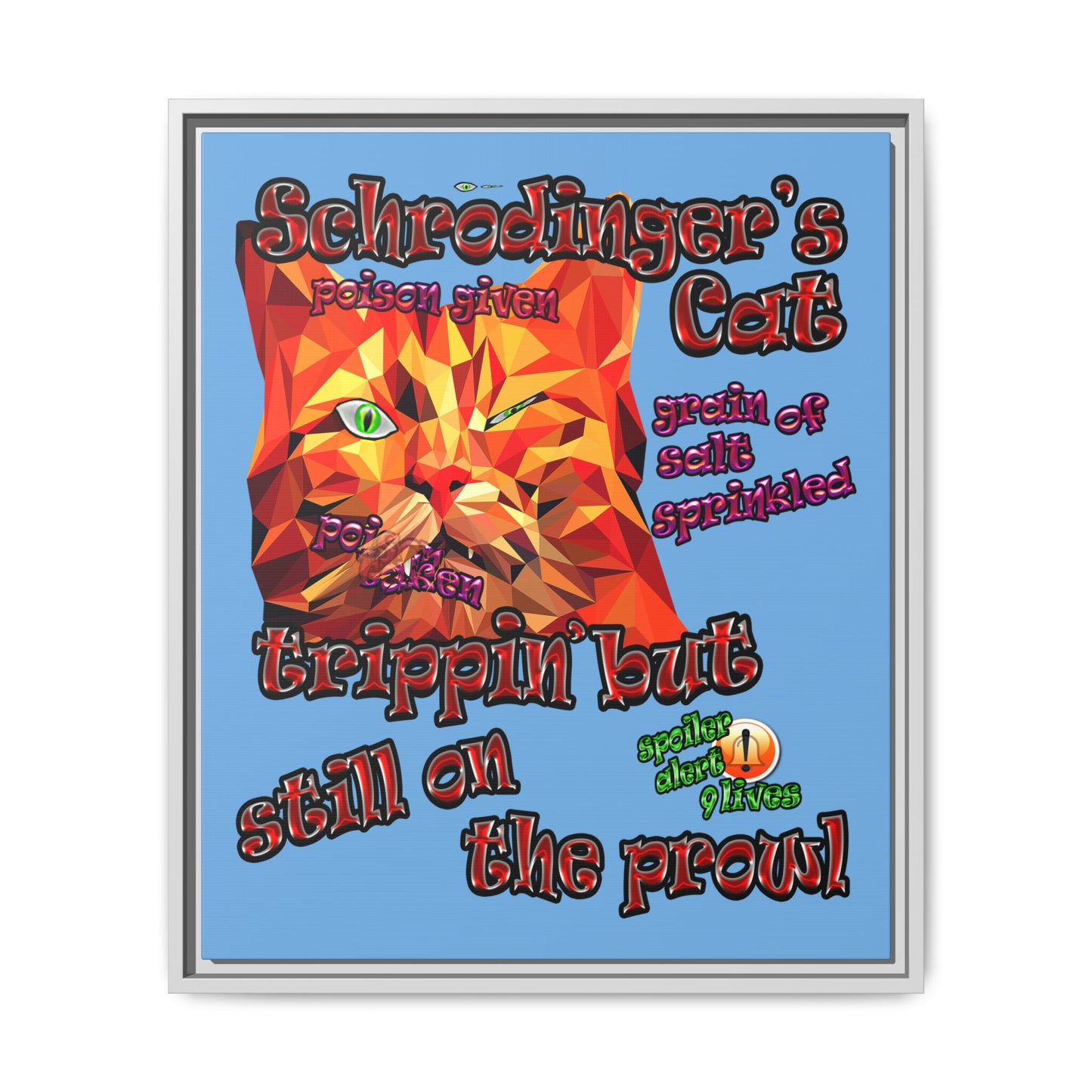 schrodinger's cat - framed canvas art (light blue)
