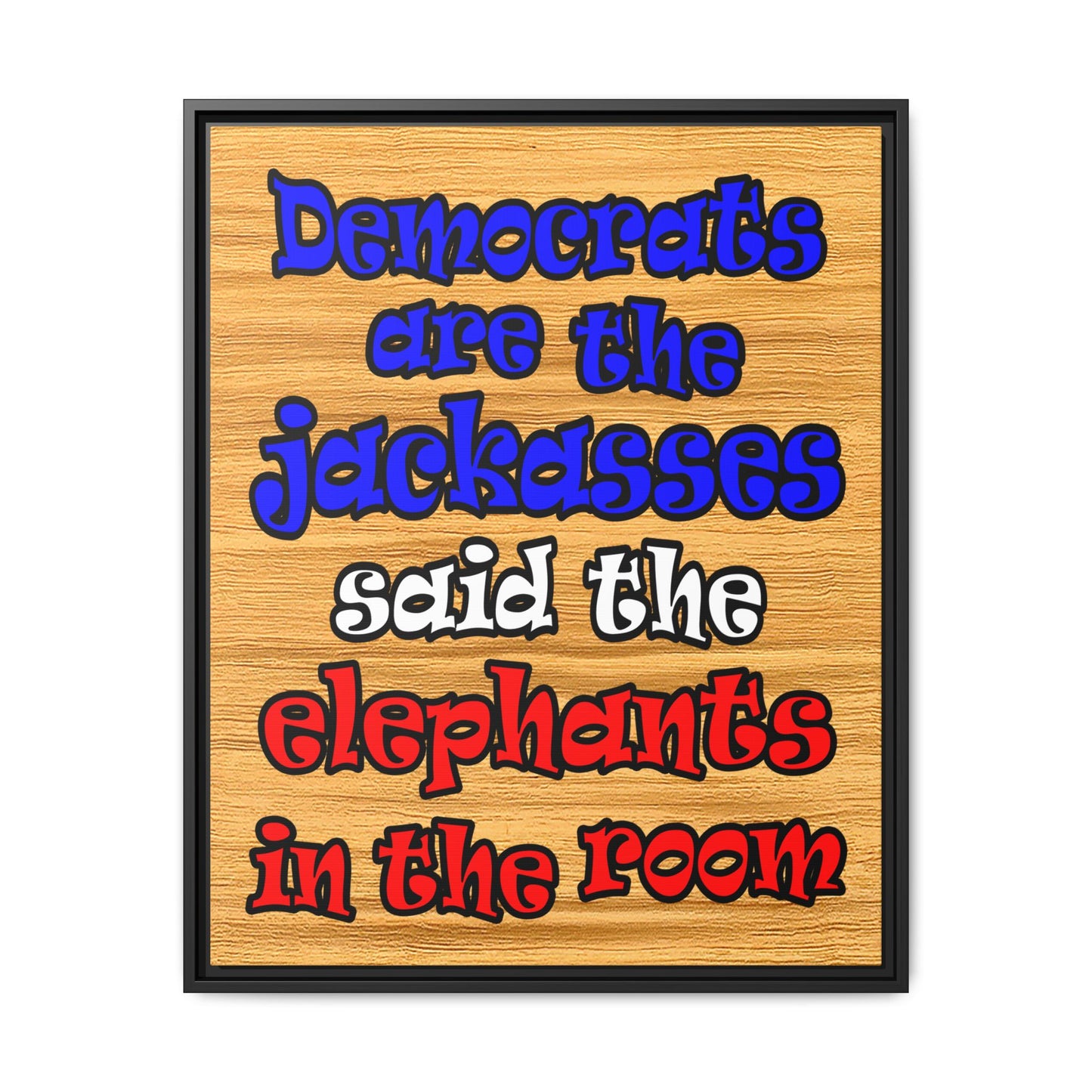 donkeys and elephants - framed canvas art (butterscotch wood finish)