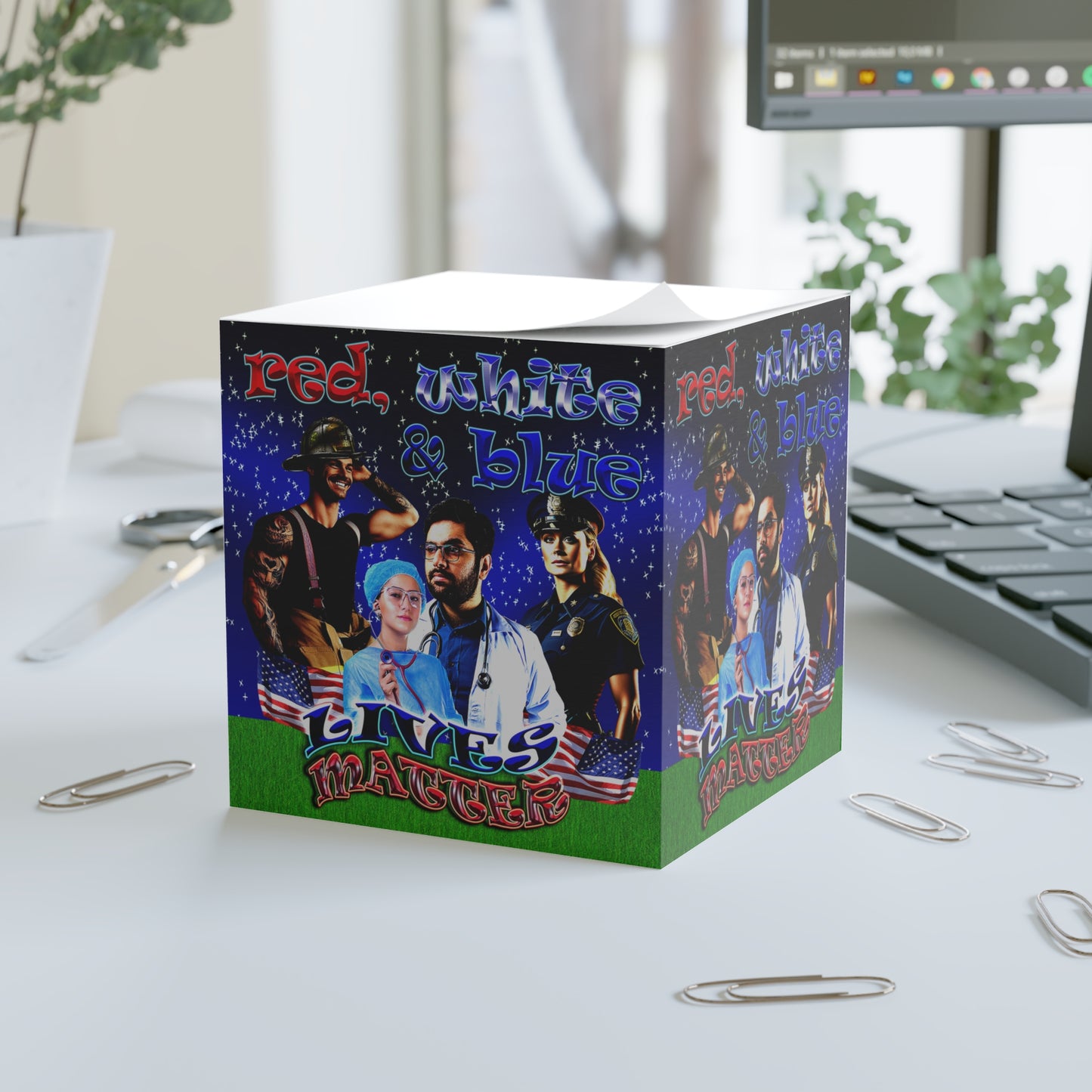 rw&b lives matter - note cube ('snoops' background)