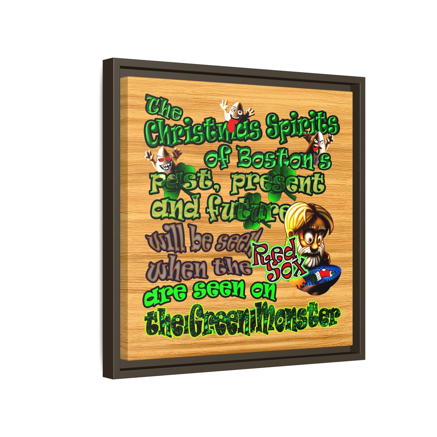 christmas spirits of boston - framed canvas art (butterscotch wood finish)