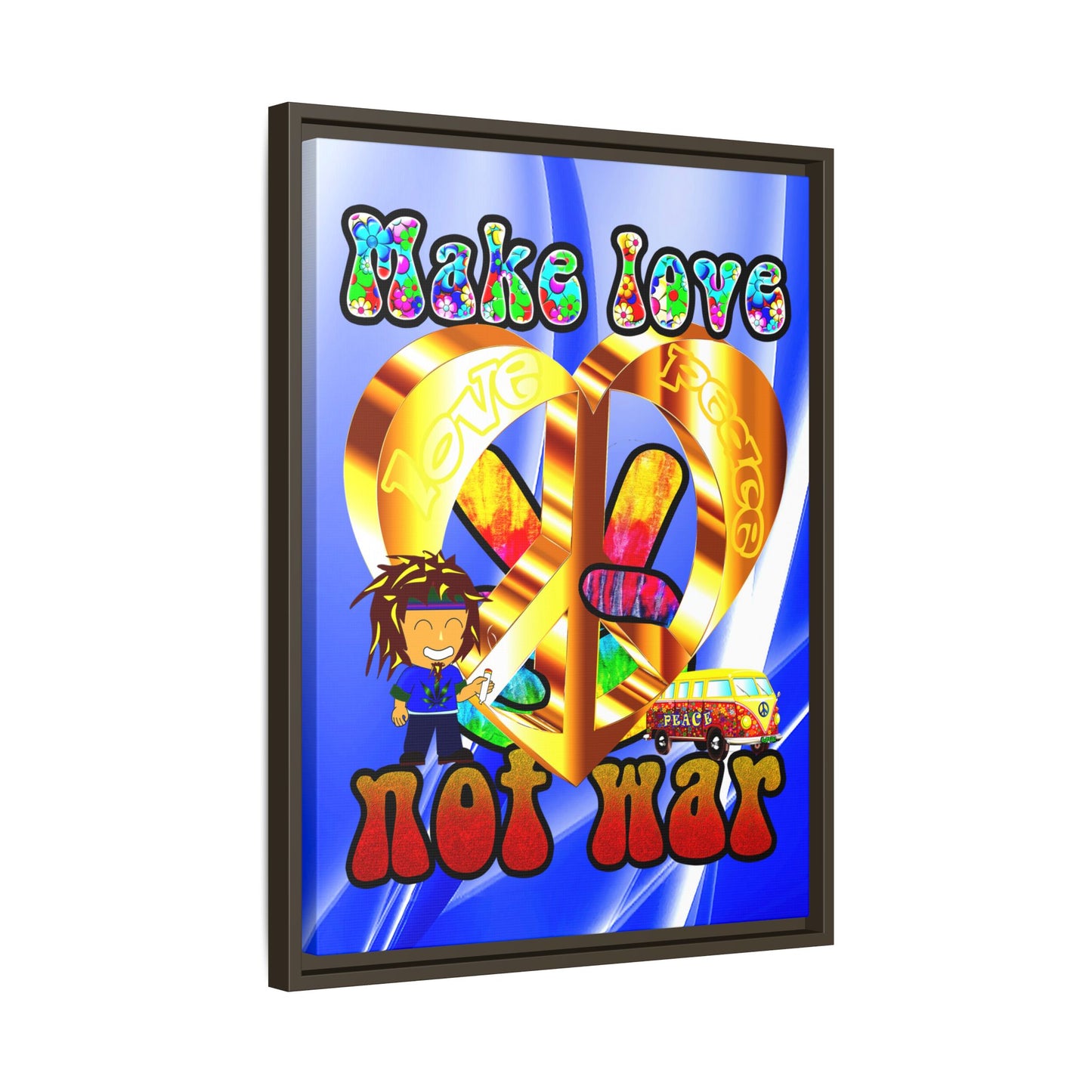 love peace - framed canvas art (blue-white wave)