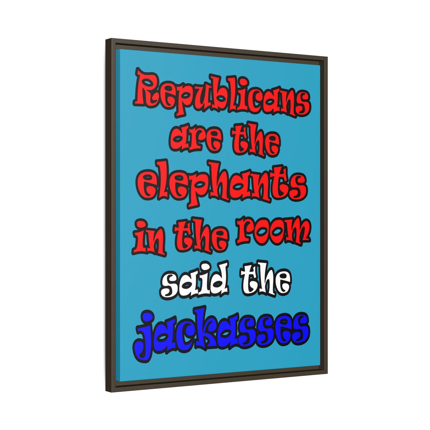 donkeys and elephants - framed canvas art (turquoise)