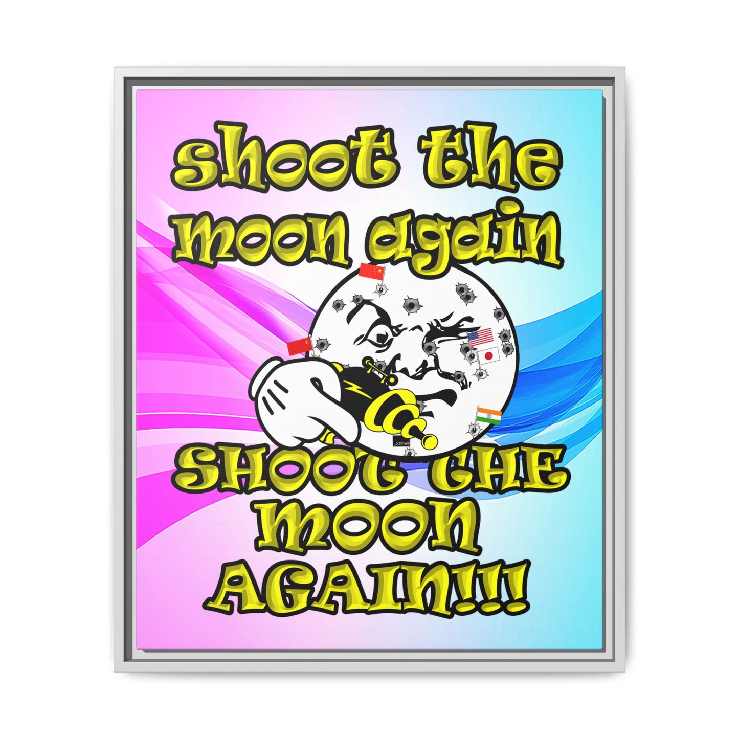 shoot the moon again - framed canvas art (light blue-pink wave)