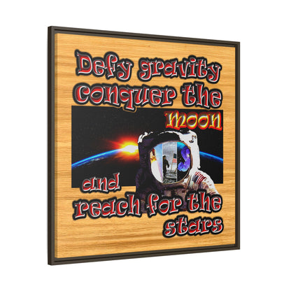 defy conquer reach - framed canvas art (butterscotch wood finish)