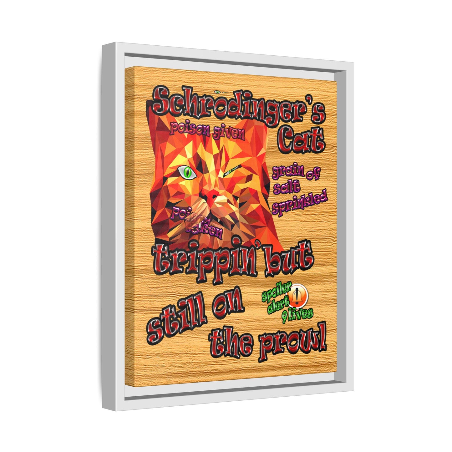 schrodinger's cat - framed canvas art (butterscotch wood finish)