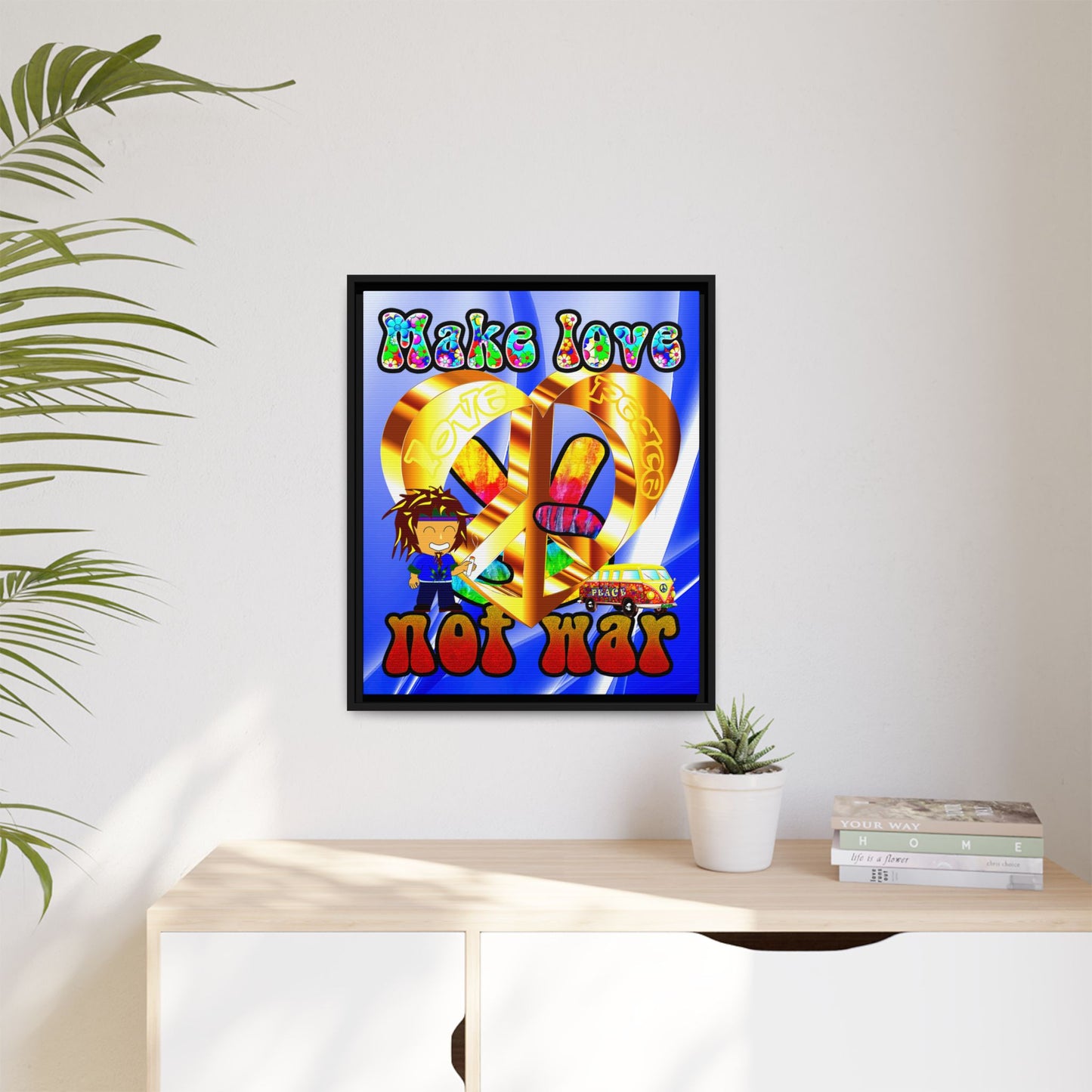 love peace - framed canvas art (blue-white wave)