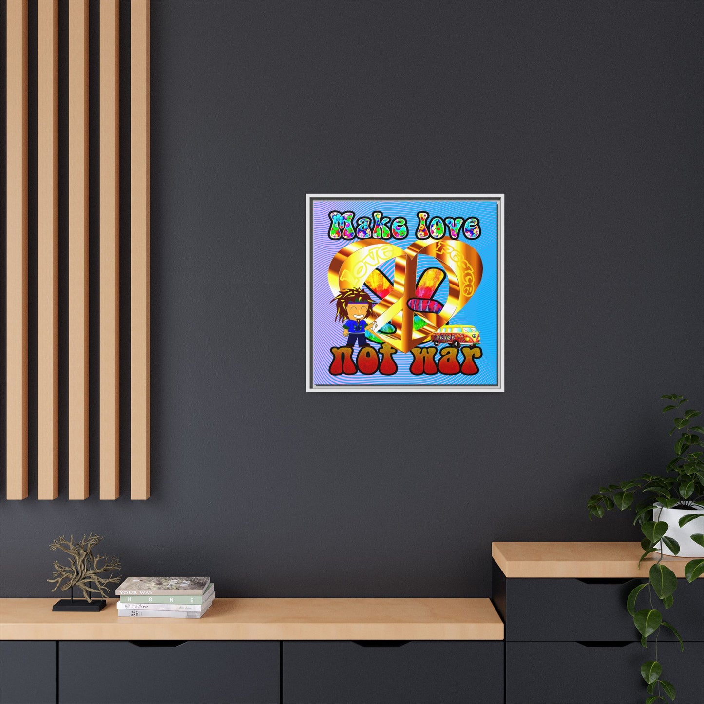love peace - framed canvas art (light blue-purple wave)