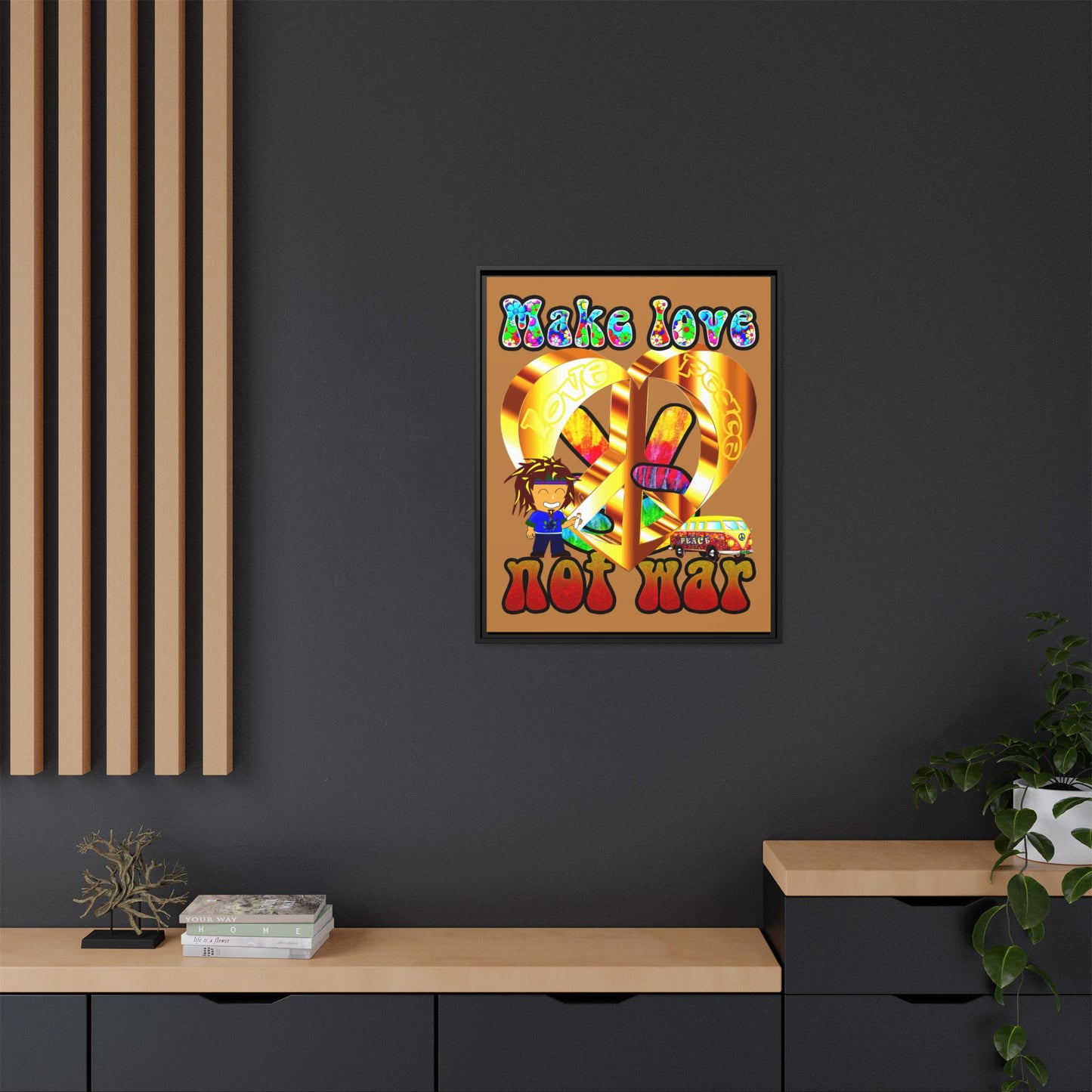 love peace - framed canvas art (light brown)