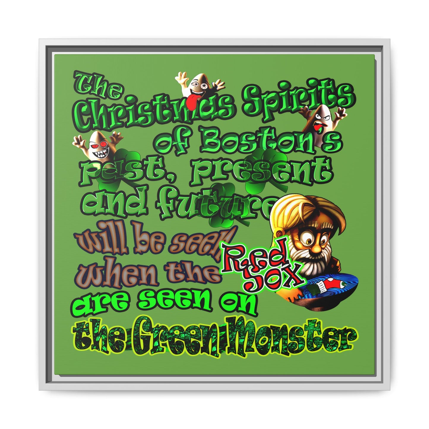 christmas spirits of boston - framed canvas art (green)