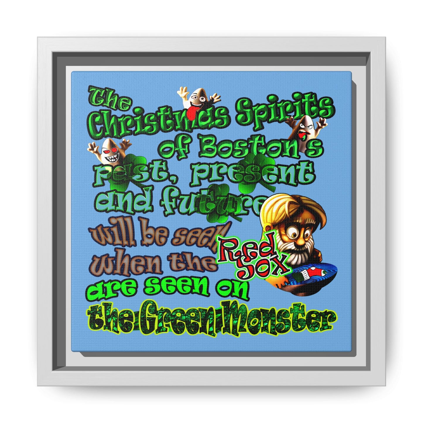 christmas spirits of boston - framed canvas art (light blue)