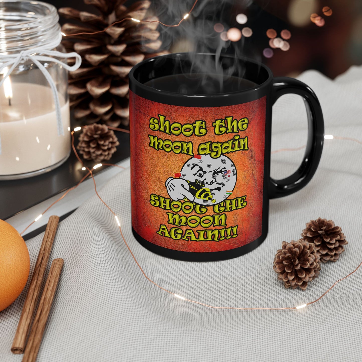shoot the moon again - Black Mug (burnt orange)