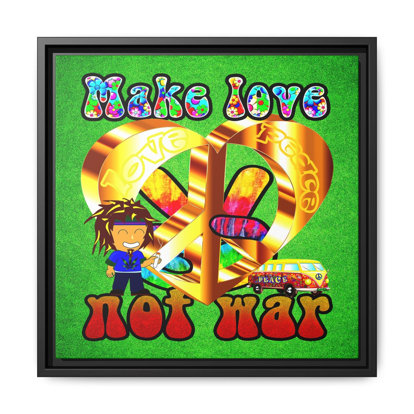 love peace - framed canvas art (green turf)