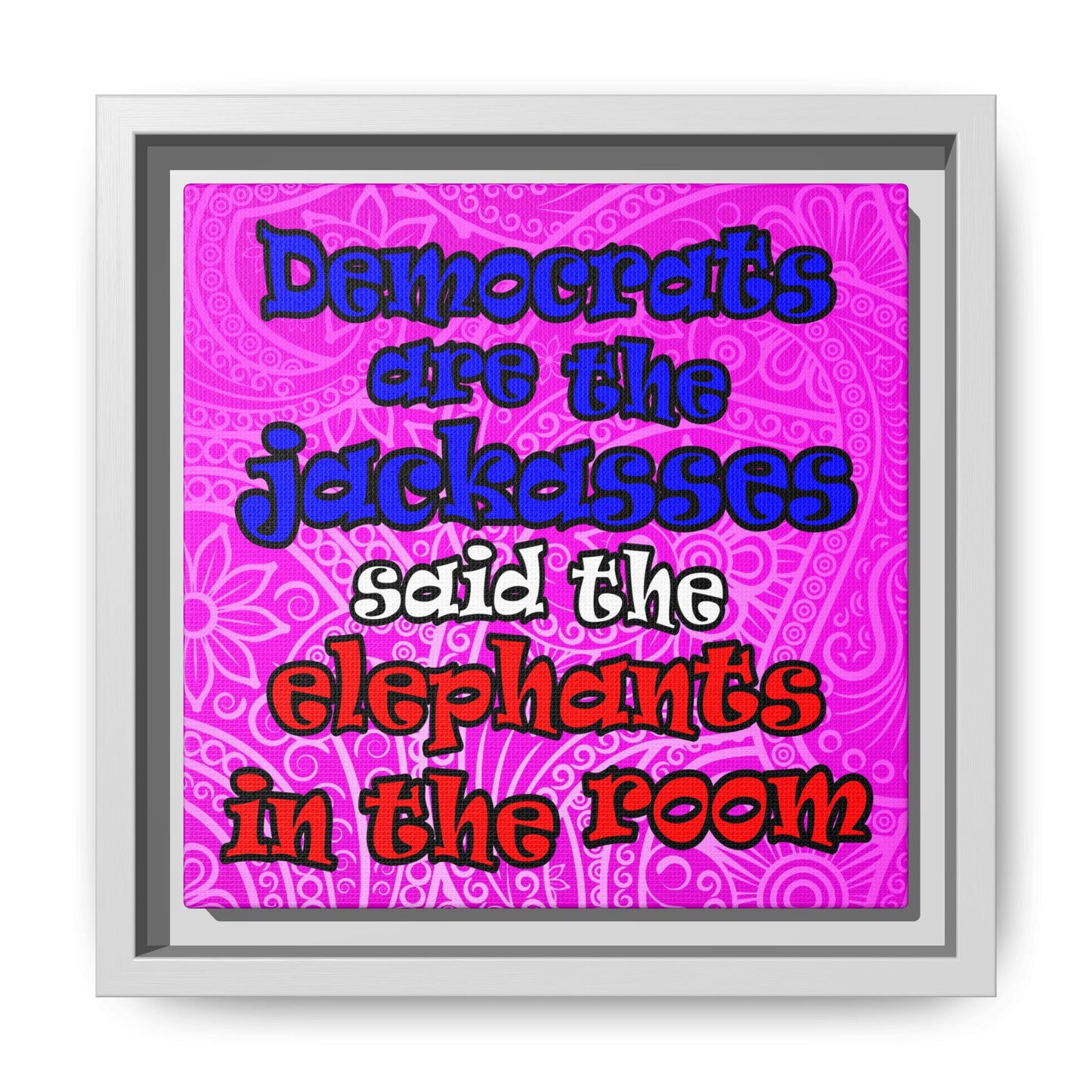 donkeys and elephants - framed canvas art (pink swirl)