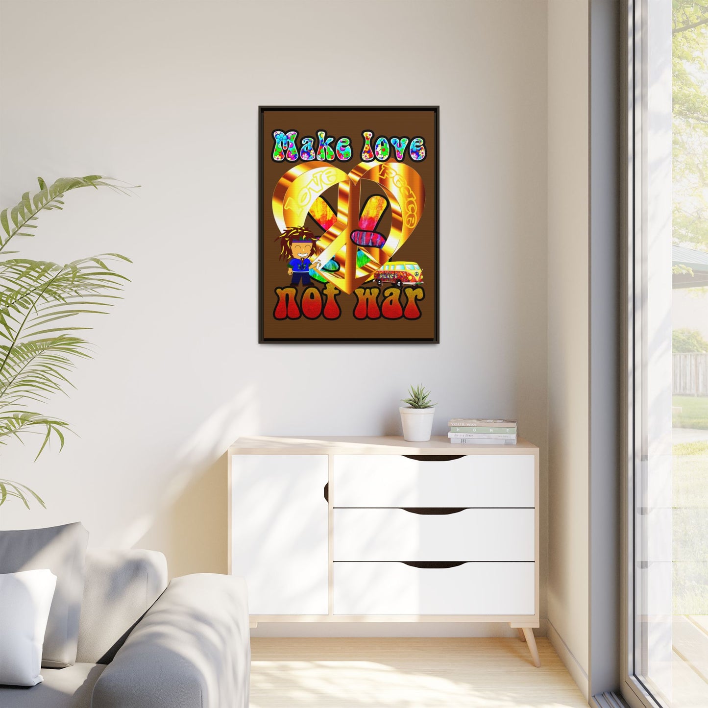love peace - framed canvas art (brown)