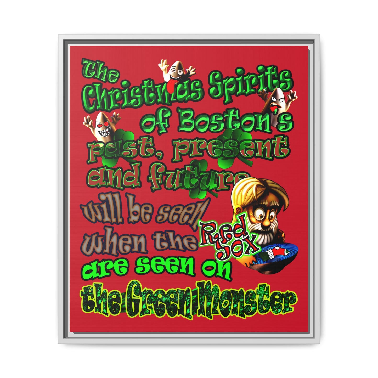 christmas spirits of boston - framed canvas art (dark red)