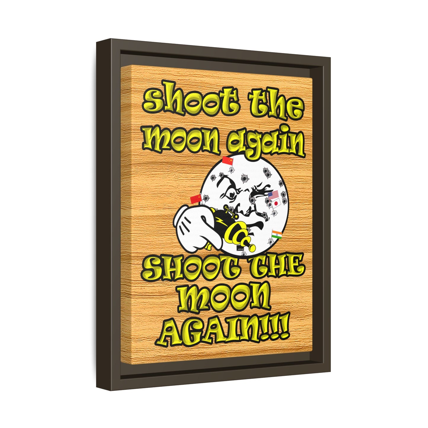 shoot the moon again - framed canvas art (butterscotch wood finish)