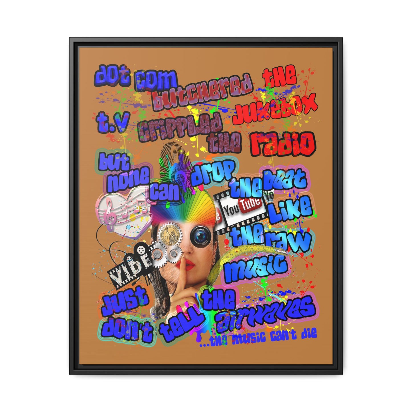 drop the beat - framed canvas art (light brown)